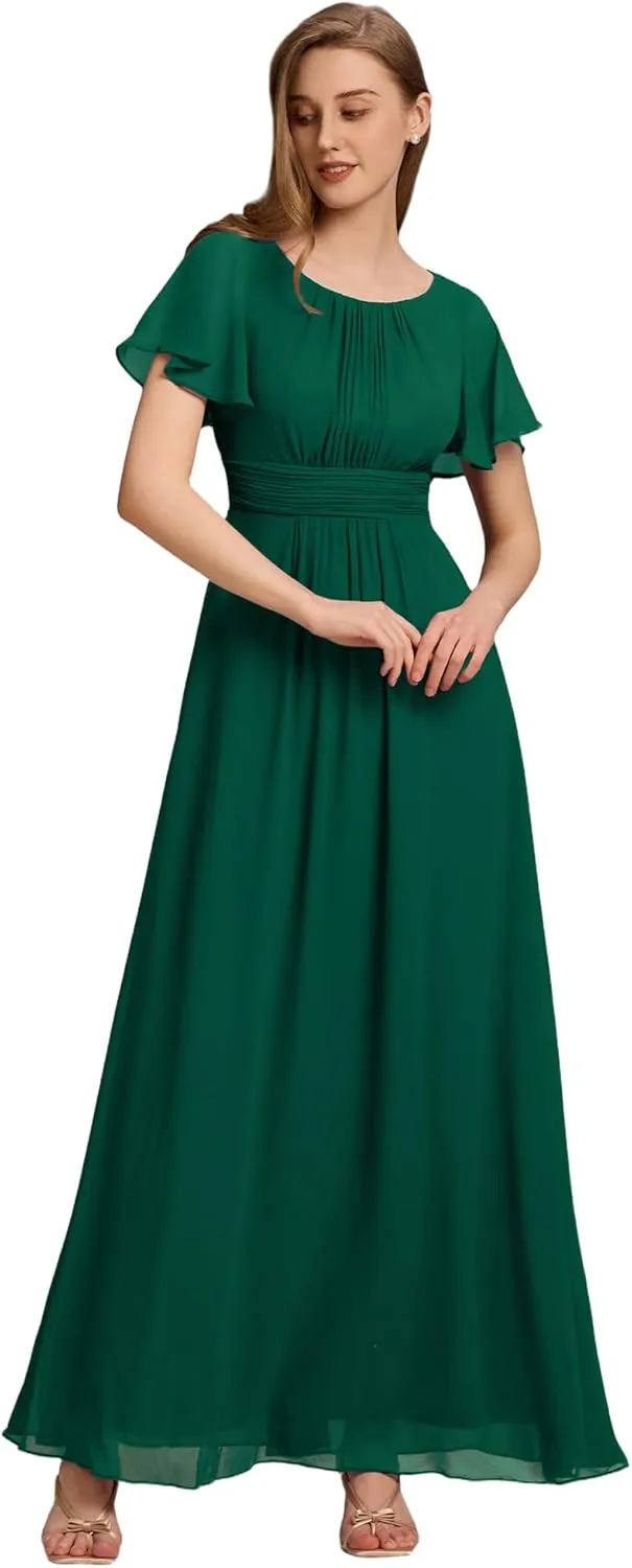 Ever-Pretty Women's Classic Round Neck Short Sleeves Chiffon Floor Length Bridesmaid Dress 01840-PH