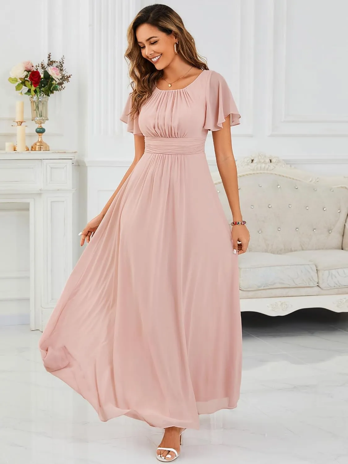 Ever-Pretty Women's Classic Round Neck Short Sleeves Chiffon Floor Length Bridesmaid Dress 01840-PH