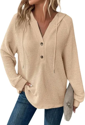 Fall Clothes Women Waffle Knit Button Hoodie Y2K Drawstring Collar Sweatshirt Plus Office Winter Blouses Long Sleeve