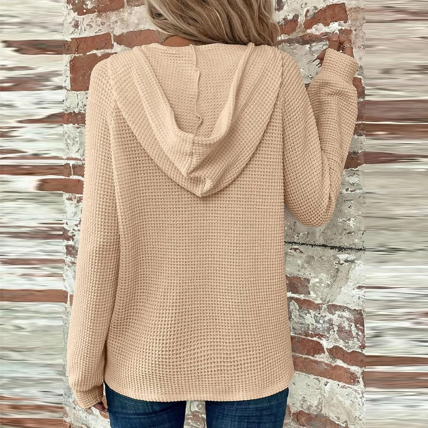 Fall Clothes Women Waffle Knit Button Hoodie Y2K Drawstring Collar Sweatshirt Plus Office Winter Blouses Long Sleeve