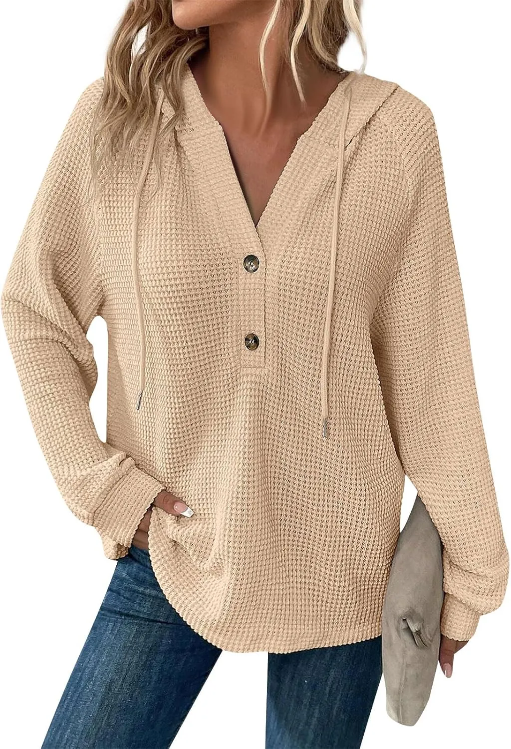 Fall Clothes Women Waffle Knit Button Hoodie Y2K Drawstring Collar Sweatshirt Plus Office Winter Blouses Long Sleeve