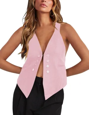 Floral Find Women's Casual Versatile Button Up Sleeveless Vest Sexy V Neck Jacket Waistcoat