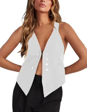 Floral Find Women's Casual Versatile Button Up Sleeveless Vest Sexy V Neck Jacket Waistcoat