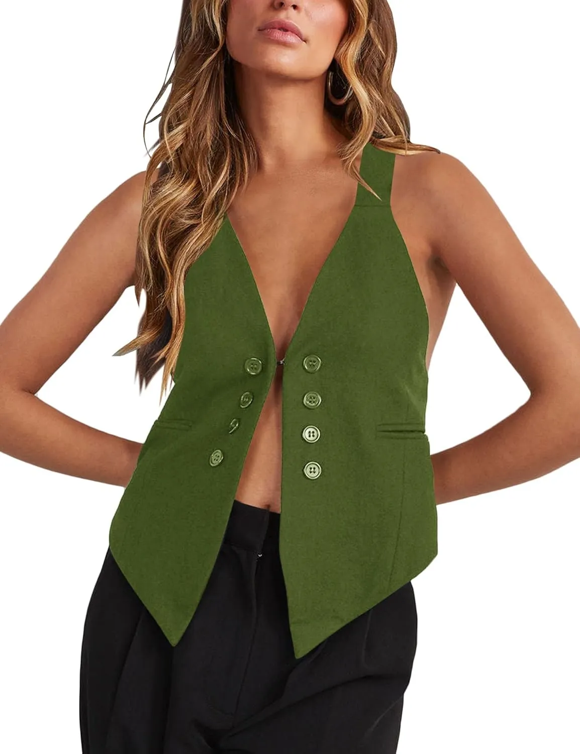 Floral Find Women's Casual Versatile Button Up Sleeveless Vest Sexy V Neck Jacket Waistcoat