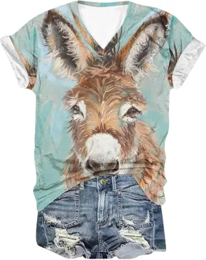 Funny Donkey Animal Graphic Tee Shirt for Women Cute Tops 2024 Summer Plus Size V Neck Short Sleeve Boyfriend Shirt