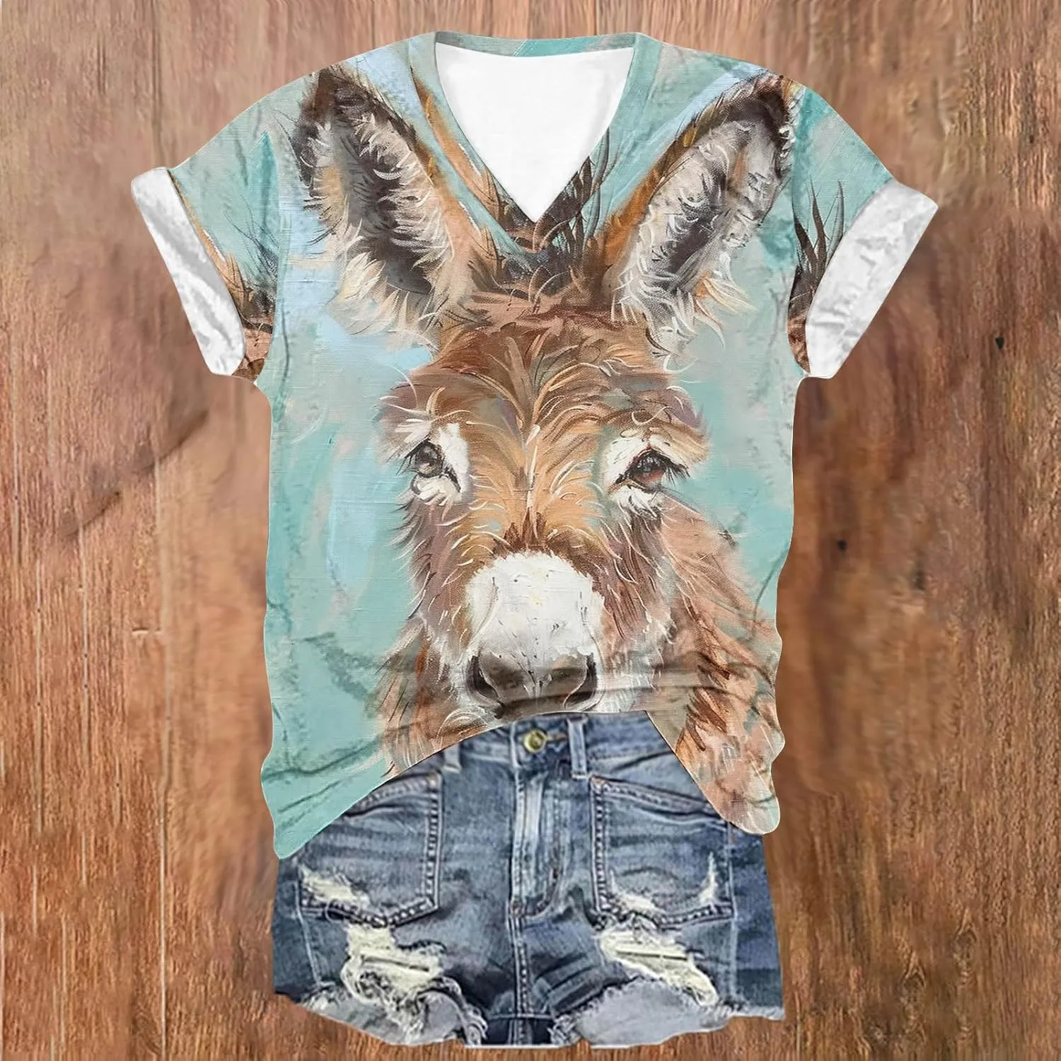 Funny Donkey Animal Graphic Tee Shirt for Women Cute Tops 2024 Summer Plus Size V Neck Short Sleeve Boyfriend Shirt
