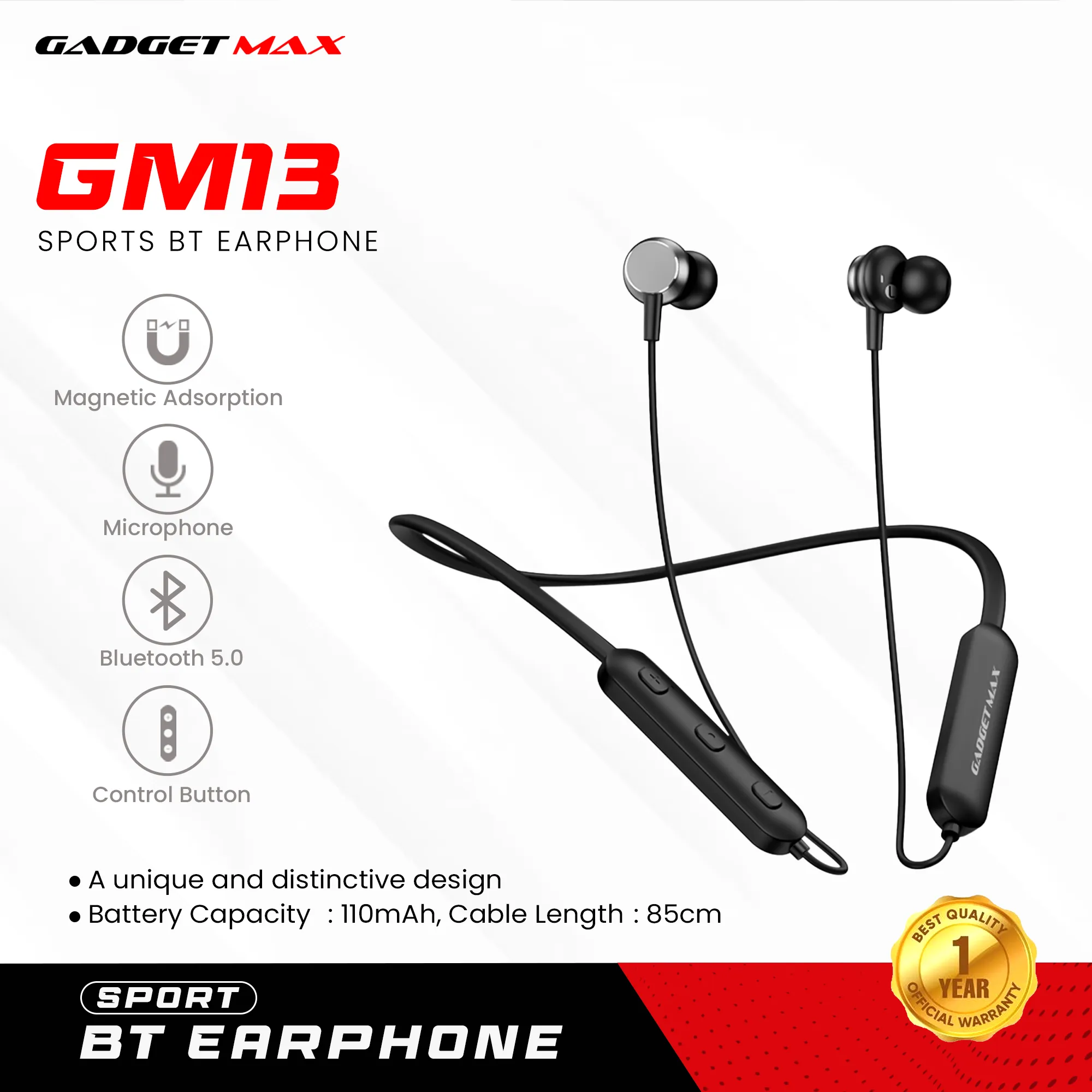 GADGET MAX GM13 NECKBAND WIRELESS EARPHONES (V5.0)