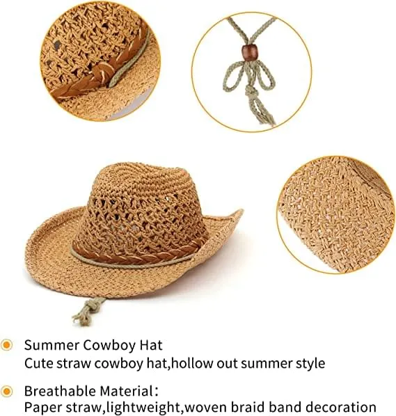 GEMVIE Baby Toddler Kids Sun Straw Western Cowboy Hat Wide Brim with Chin Strap