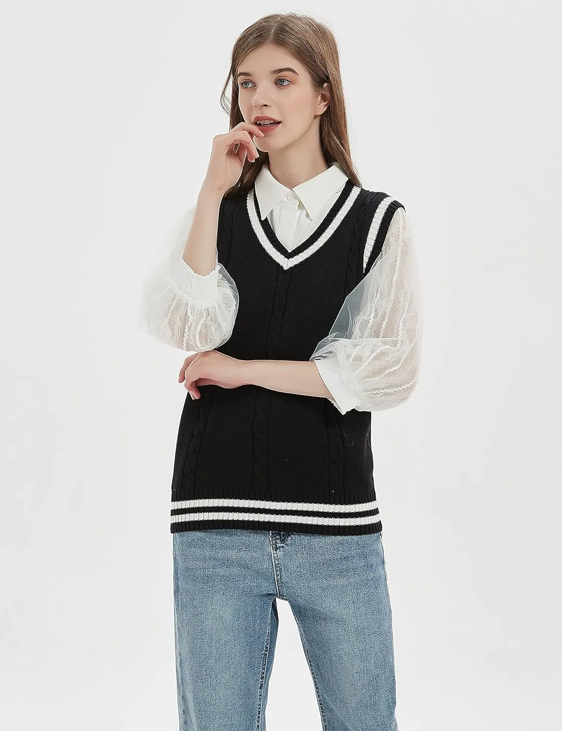Gihuo Women's Sweater Vest V Neck Uniform Sleeveless Knitted School JK Pullover Tops Classic