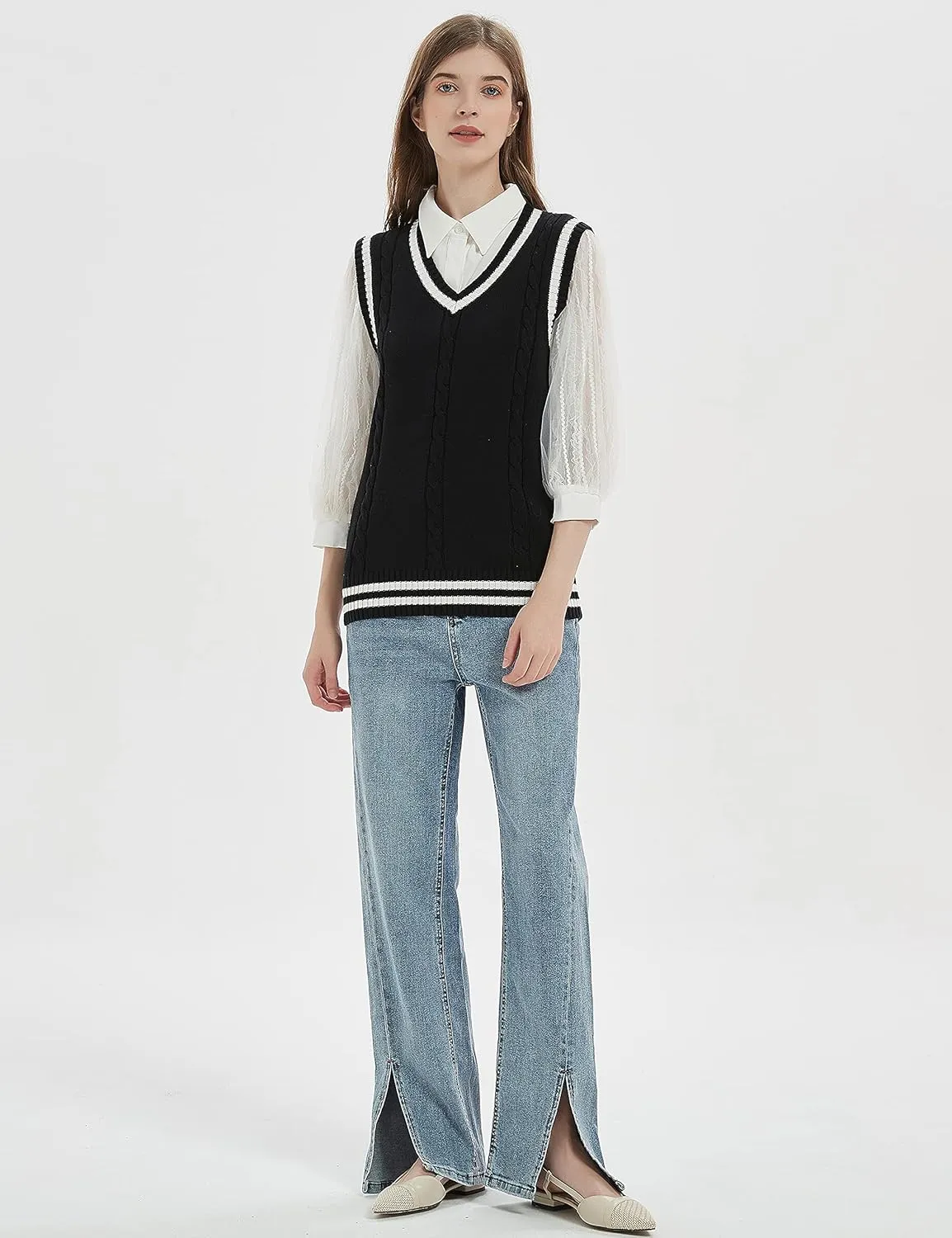 Gihuo Women's Sweater Vest V Neck Uniform Sleeveless Knitted School JK Pullover Tops Classic