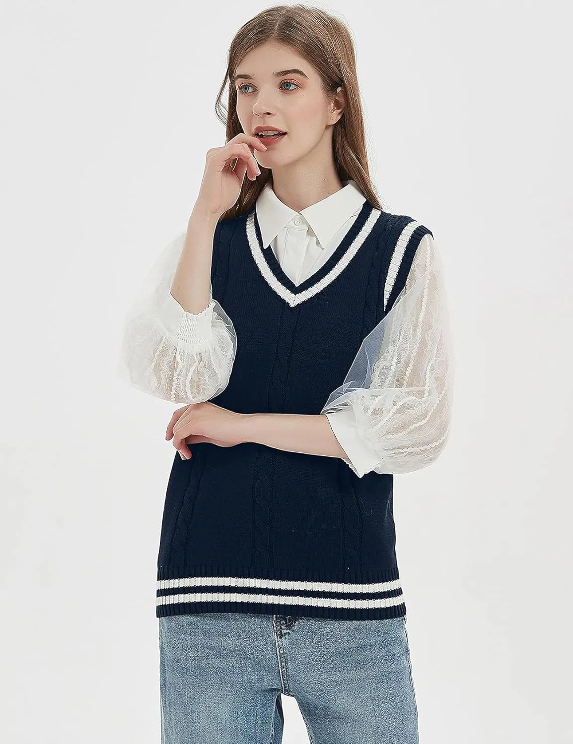 Gihuo Women's Sweater Vest V Neck Uniform Sleeveless Knitted School JK Pullover Tops Classic