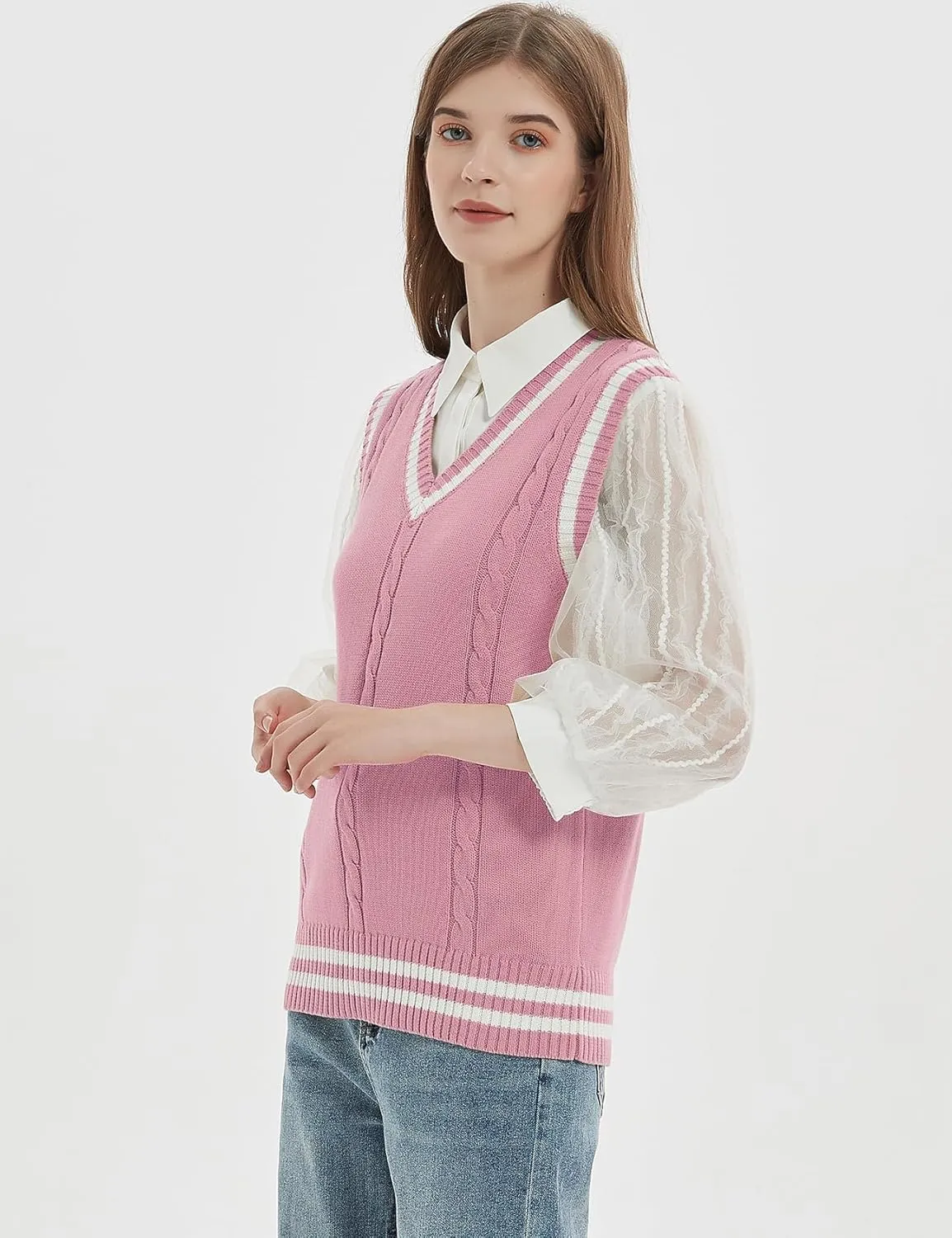 Gihuo Women's Sweater Vest V Neck Uniform Sleeveless Knitted School JK Pullover Tops Classic