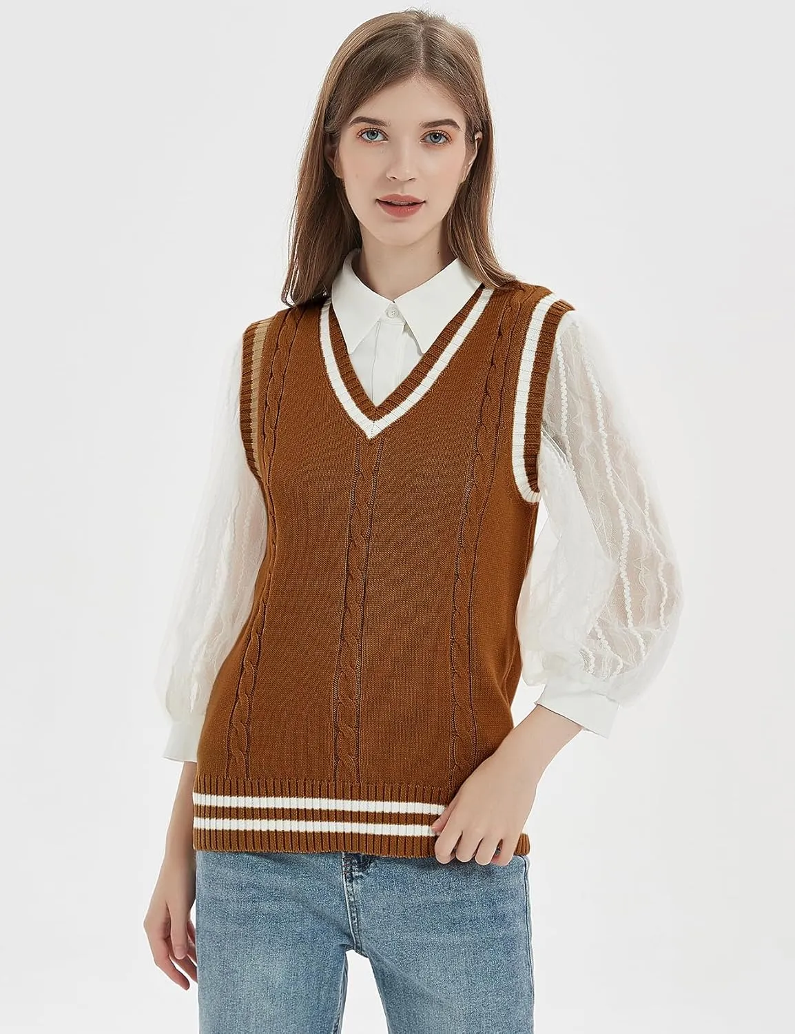 Gihuo Women's Sweater Vest V Neck Uniform Sleeveless Knitted School JK Pullover Tops Classic