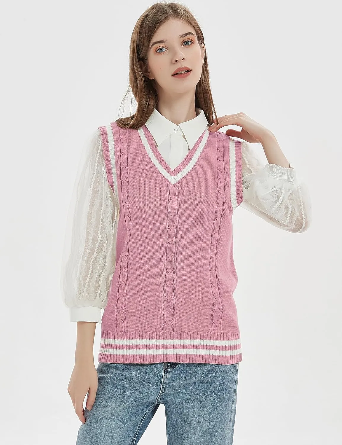 Gihuo Women's Sweater Vest V Neck Uniform Sleeveless Knitted School JK Pullover Tops Classic