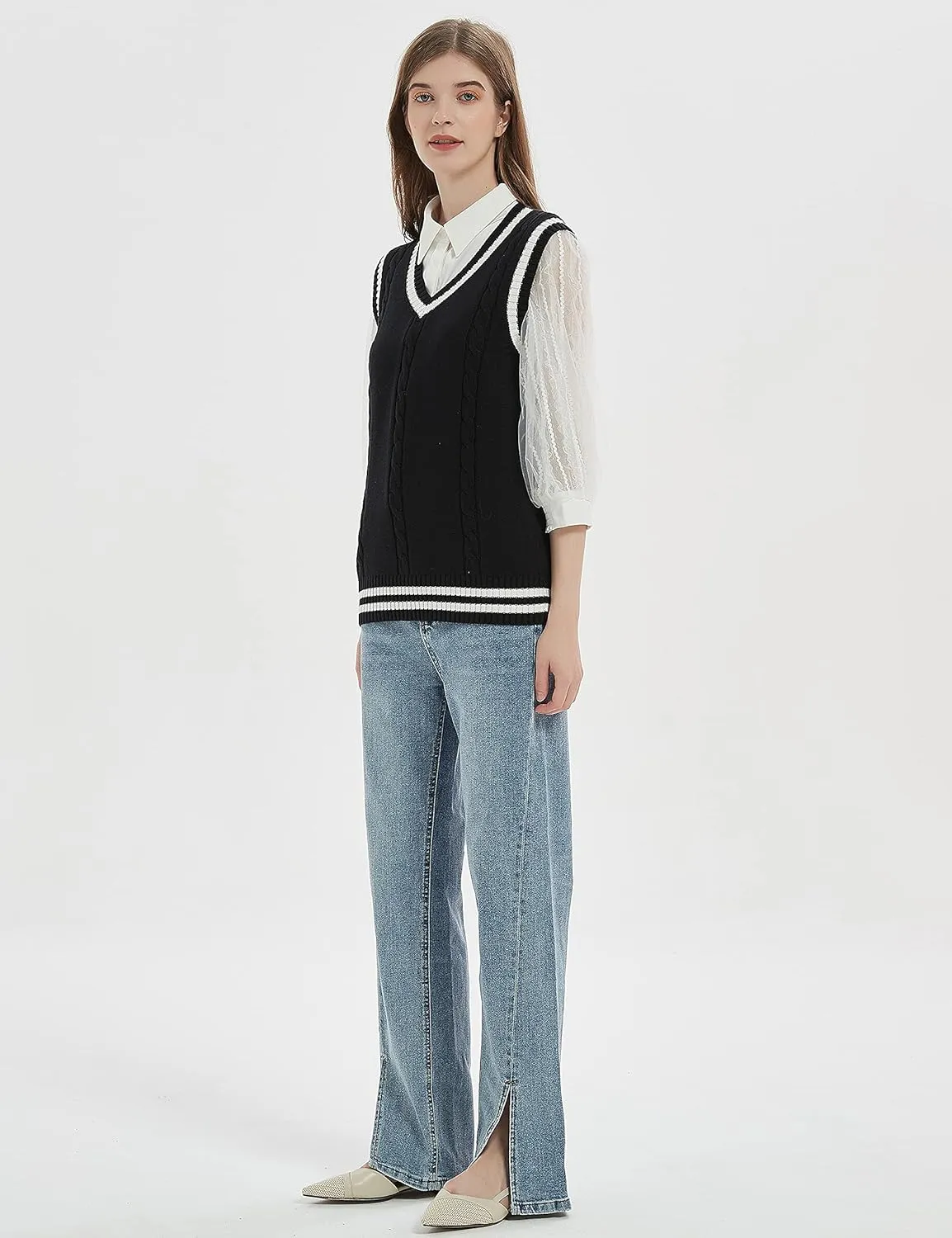 Gihuo Women's Sweater Vest V Neck Uniform Sleeveless Knitted School JK Pullover Tops Classic