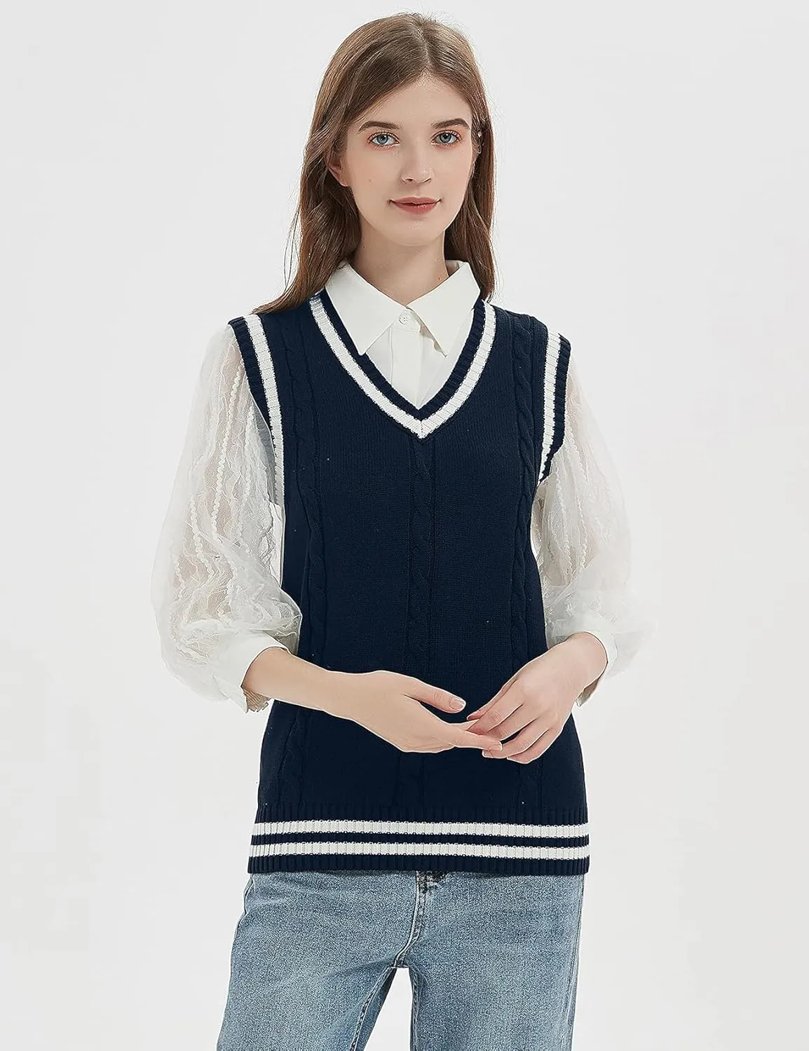 Gihuo Women's Sweater Vest V Neck Uniform Sleeveless Knitted School JK Pullover Tops Classic