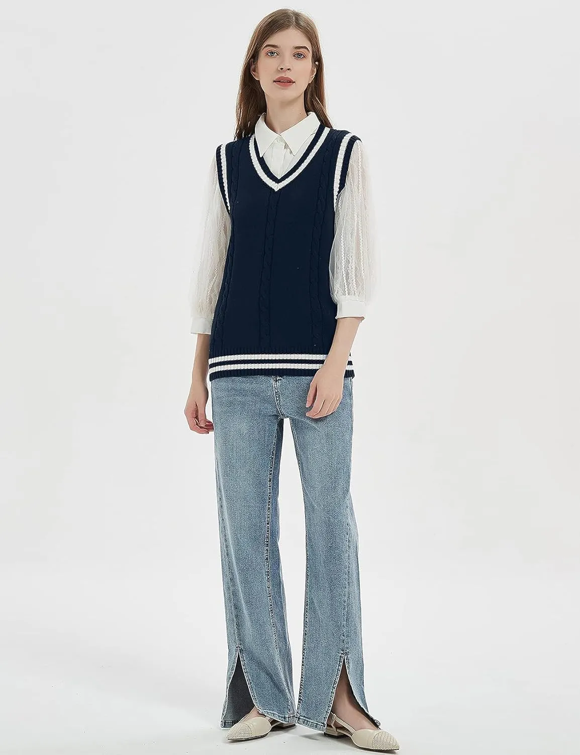 Gihuo Women's Sweater Vest V Neck Uniform Sleeveless Knitted School JK Pullover Tops Classic