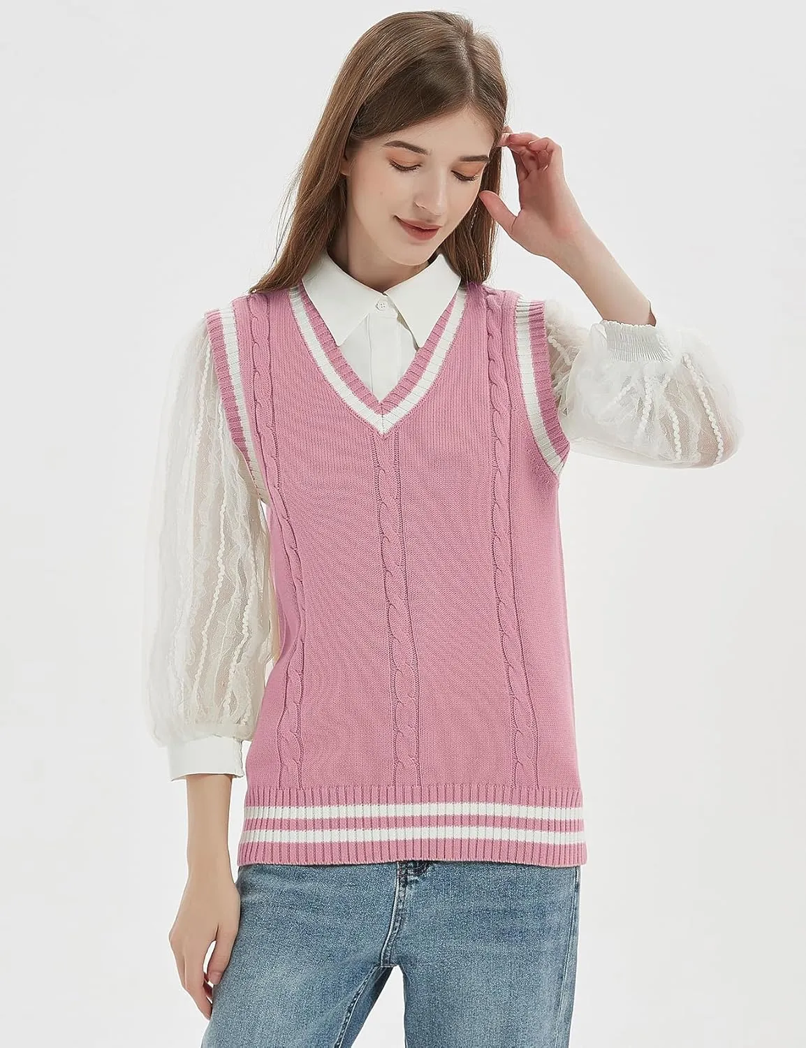 Gihuo Women's Sweater Vest V Neck Uniform Sleeveless Knitted School JK Pullover Tops Classic