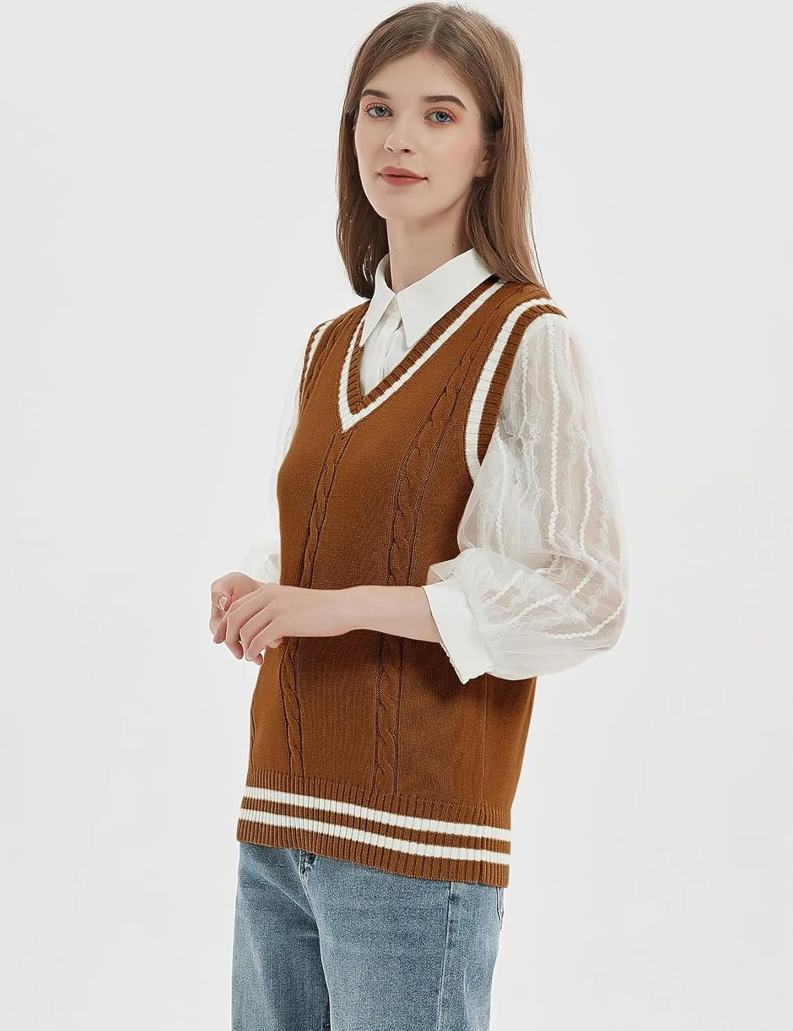 Gihuo Women's Sweater Vest V Neck Uniform Sleeveless Knitted School JK Pullover Tops Classic