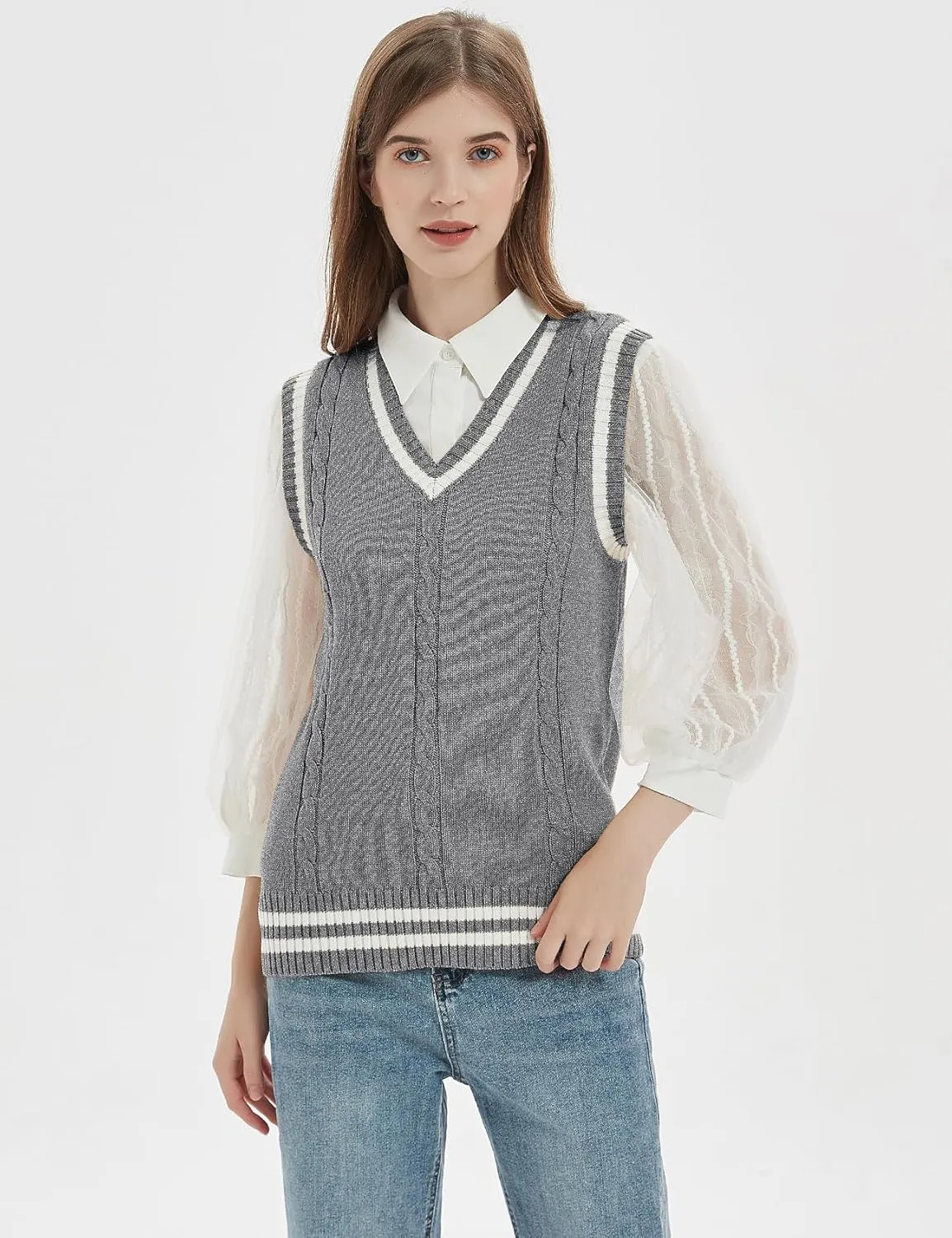Gihuo Women's Sweater Vest V Neck Uniform Sleeveless Knitted School JK Pullover Tops Classic