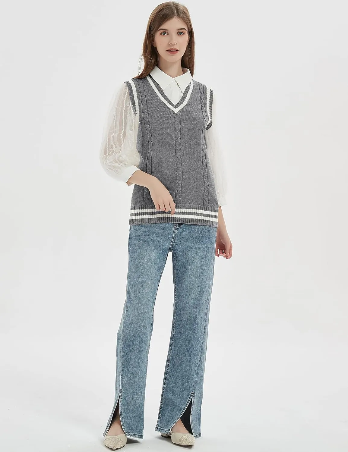 Gihuo Women's Sweater Vest V Neck Uniform Sleeveless Knitted School JK Pullover Tops Classic