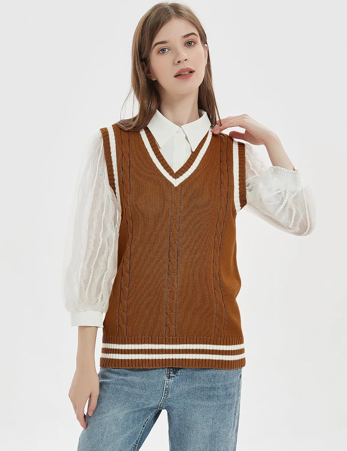 Gihuo Women's Sweater Vest V Neck Uniform Sleeveless Knitted School JK Pullover Tops Classic