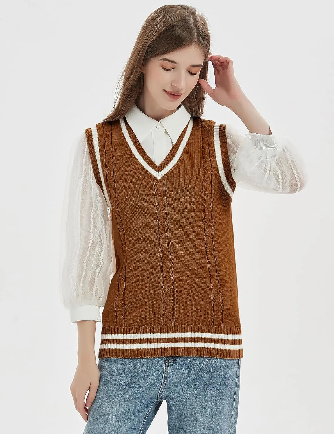 Gihuo Women's Sweater Vest V Neck Uniform Sleeveless Knitted School JK Pullover Tops Classic