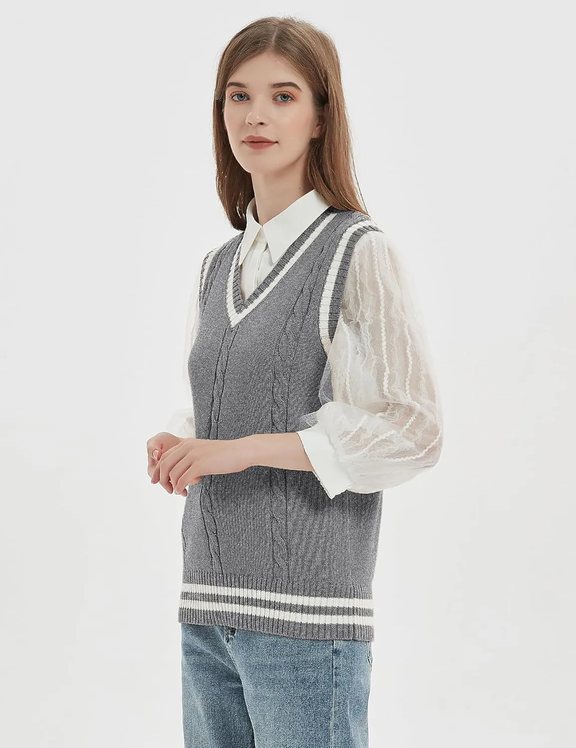 Gihuo Women's Sweater Vest V Neck Uniform Sleeveless Knitted School JK Pullover Tops Classic