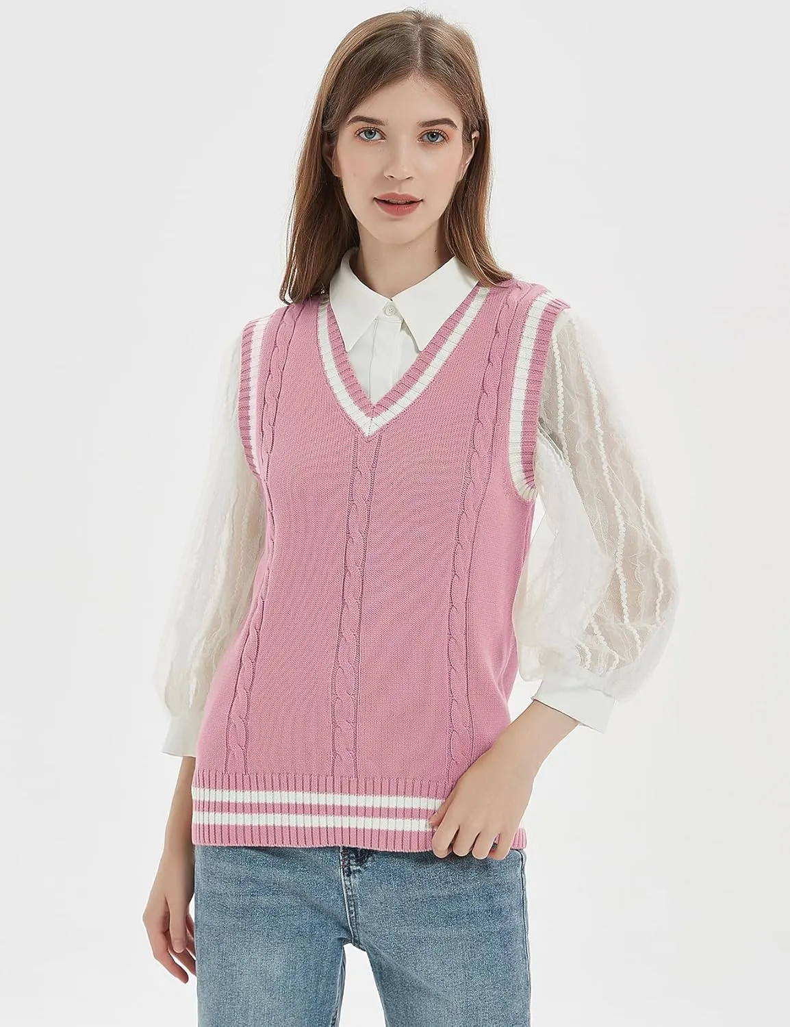 Gihuo Women's Sweater Vest V Neck Uniform Sleeveless Knitted School JK Pullover Tops Classic