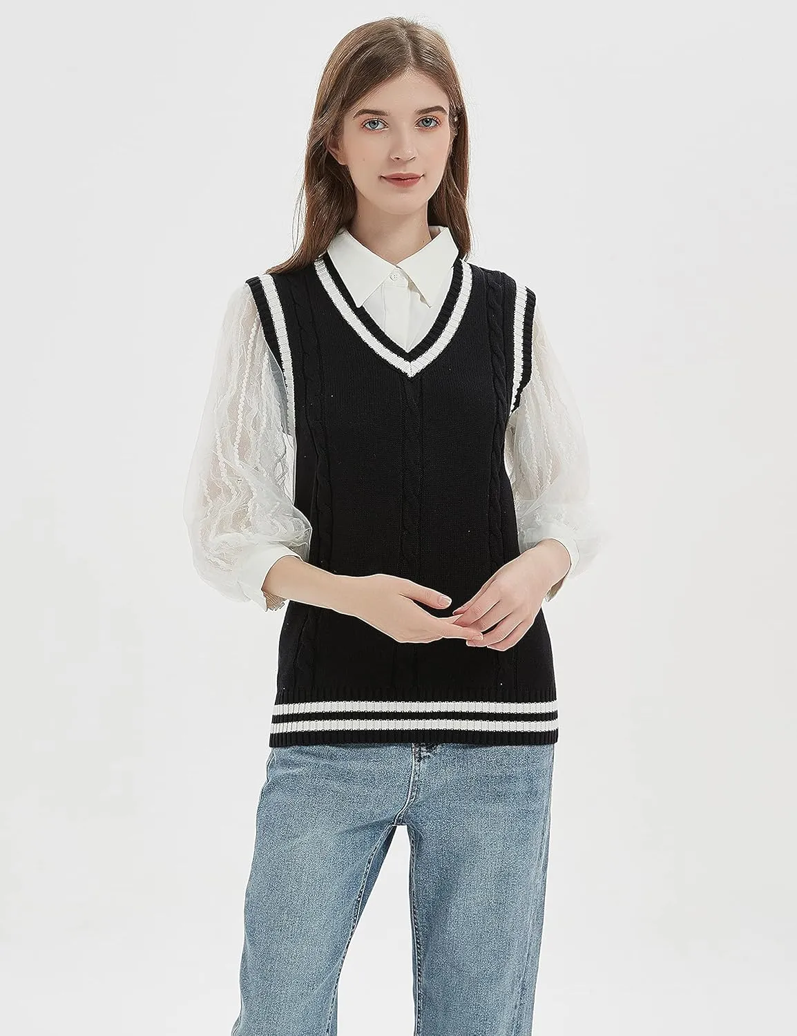 Gihuo Women's Sweater Vest V Neck Uniform Sleeveless Knitted School JK Pullover Tops Classic
