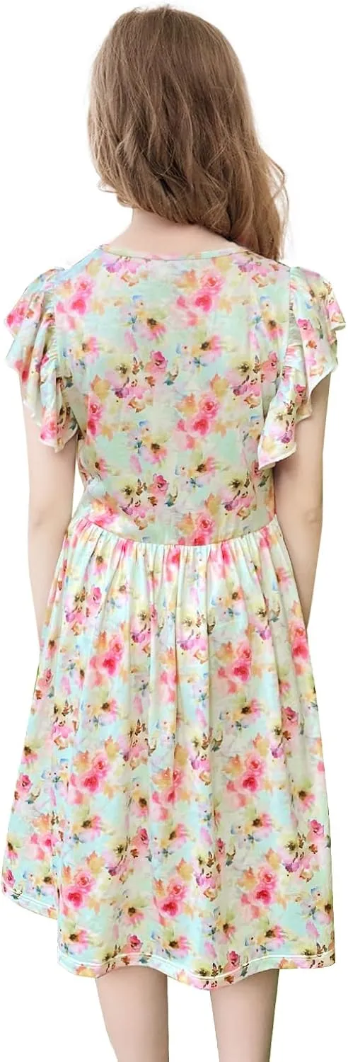 Girls Floral Boho Dress with Flutter Ruffle Sleeves - Summer Casual Holiday Sundress Flower Print Beach Dress 7-14 Years