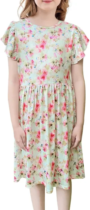 Girls Floral Boho Dress with Flutter Ruffle Sleeves - Summer Casual Holiday Sundress Flower Print Beach Dress 7-14 Years