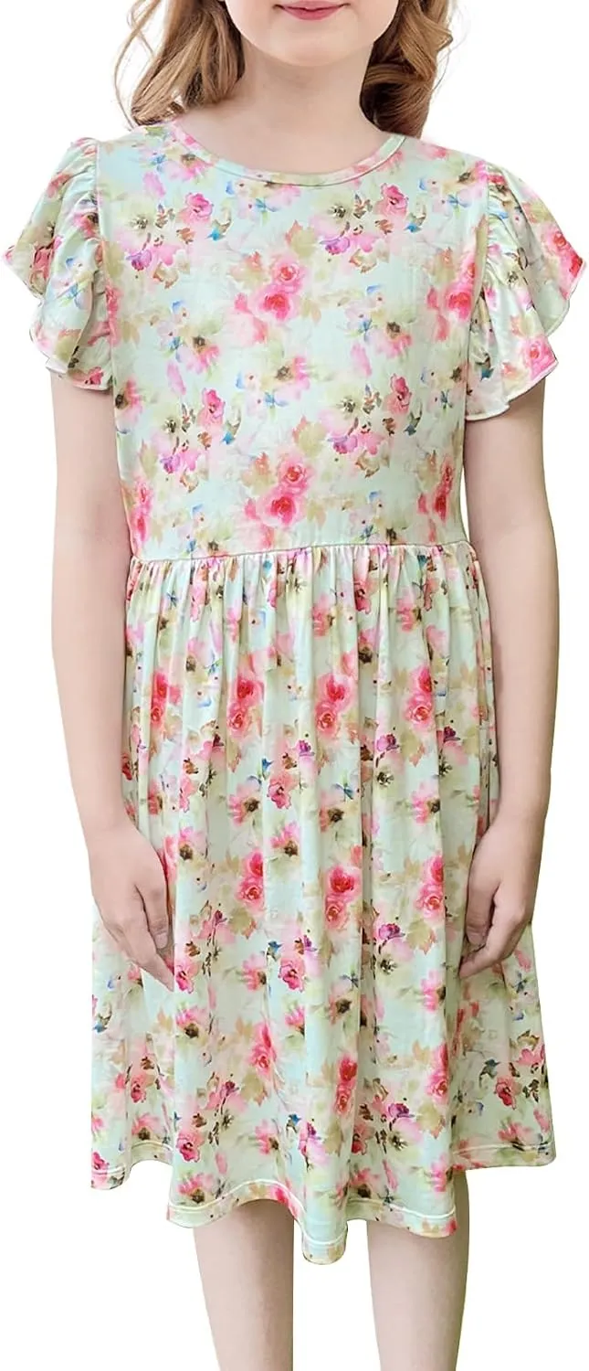 Girls Floral Boho Dress with Flutter Ruffle Sleeves - Summer Casual Holiday Sundress Flower Print Beach Dress 7-14 Years