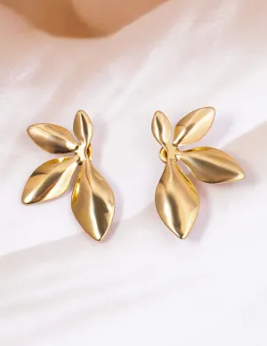 Gold Plated Stainless Steel Tarnish Free Waterproof Demi-Fine Leaf Shape Stud Earrings