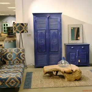 Hand Carved Shutter Design Solid wood Sideboard Blue