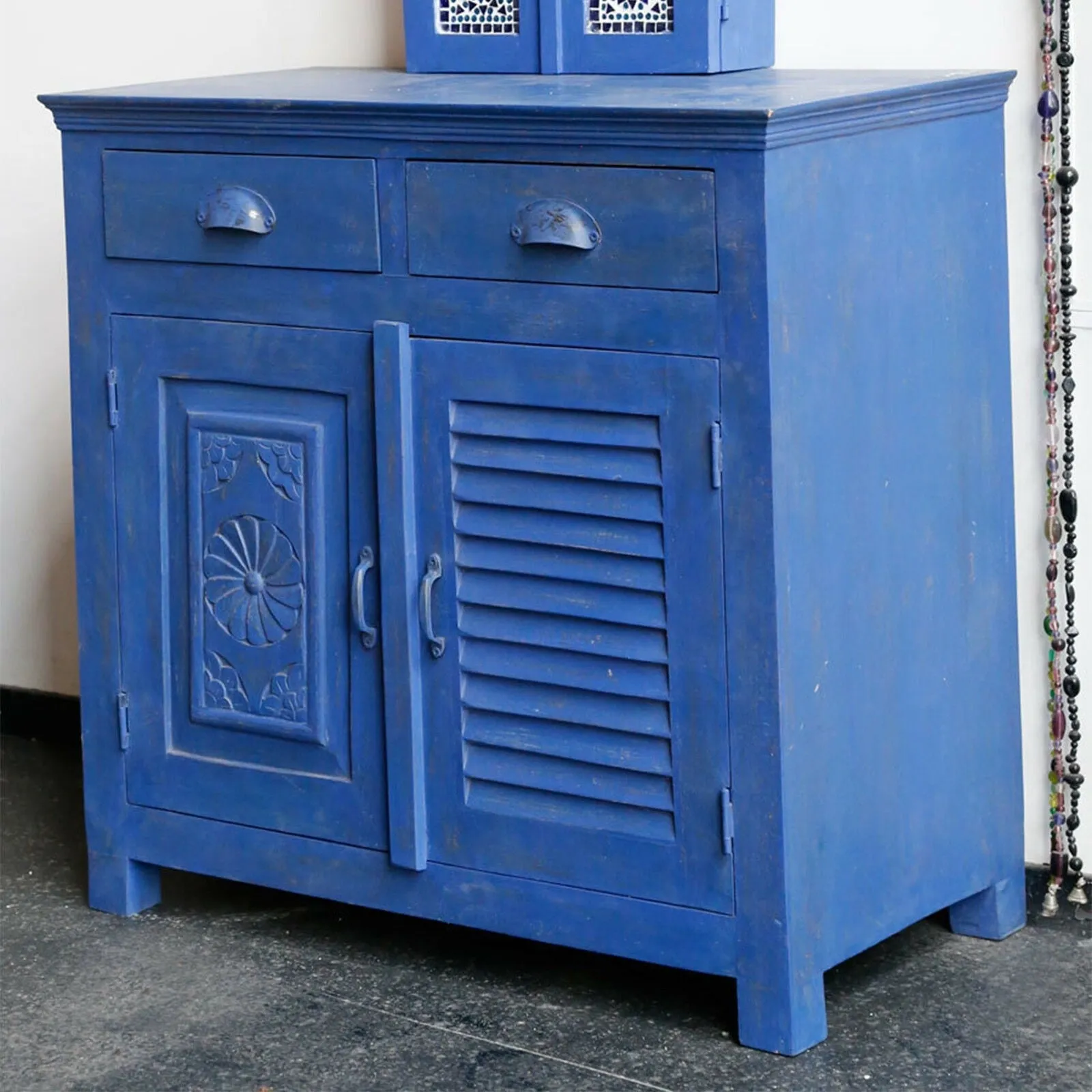 Hand Carved Shutter Design Solid wood Sideboard Blue