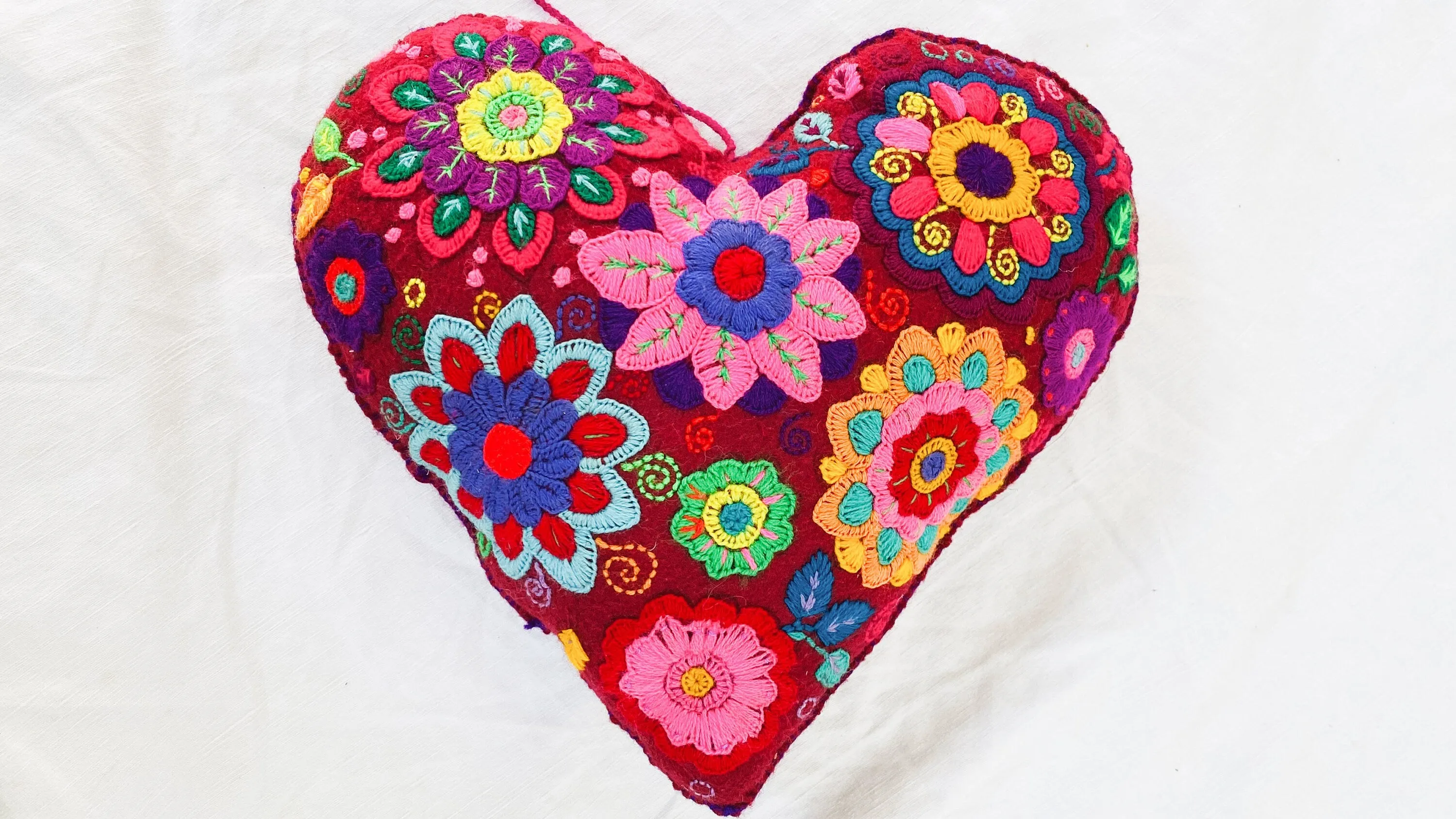 Hand-Embroidered Heart PIllow. Throw Pillow