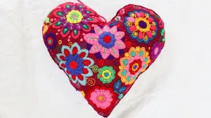 Hand-Embroidered Heart PIllow. Throw Pillow
