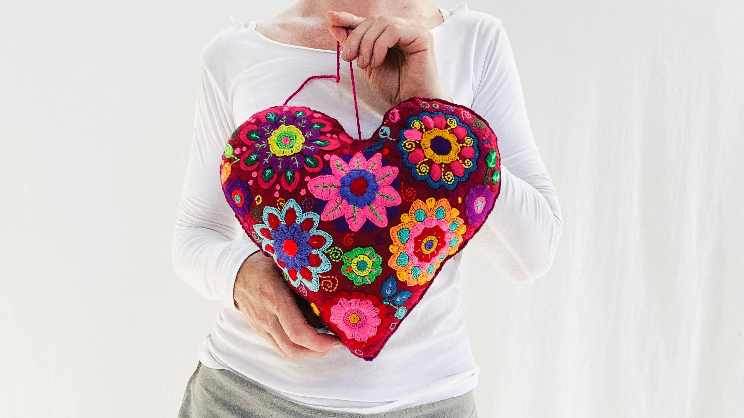 Hand-Embroidered Heart PIllow. Throw Pillow