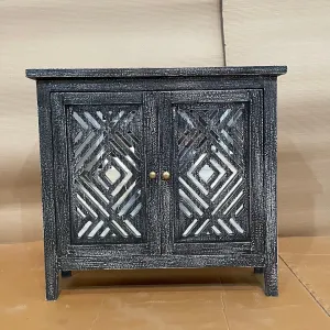 Handcrafted Indian Furniture Carved Solid Hard Wood 2 Mirror Doors Cabinet Black 81x31x75cm