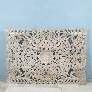 Handmade Indian Furniture Solid Mango Wood Floral Carvings Wall Panel Whitewash