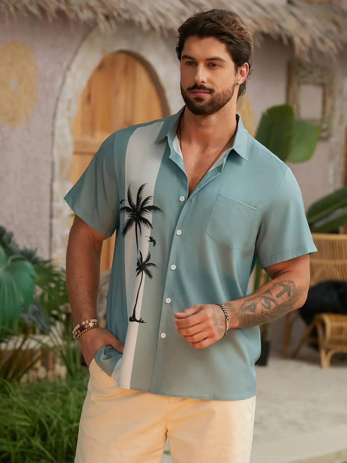 Hardaddy Men's Hawaiian Shirt Short Sleeves Coconut Printed Button Down Summer Beach Casual Shirts