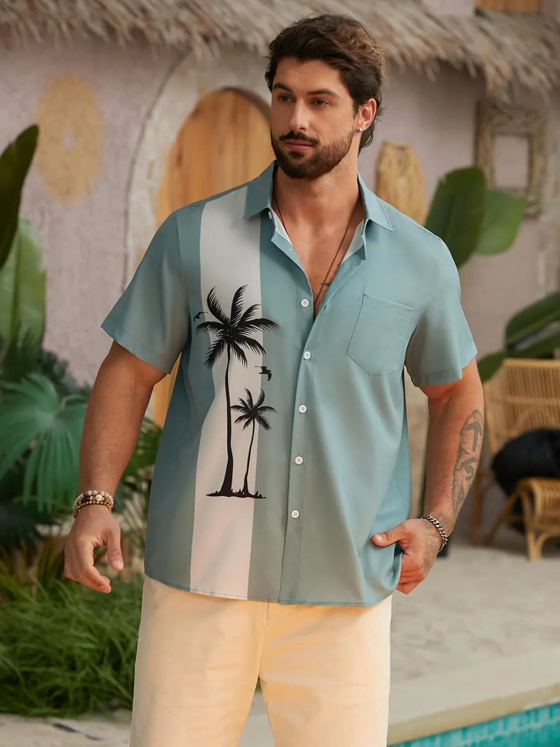 Hardaddy Men's Hawaiian Shirt Short Sleeves Coconut Printed Button Down Summer Beach Casual Shirts