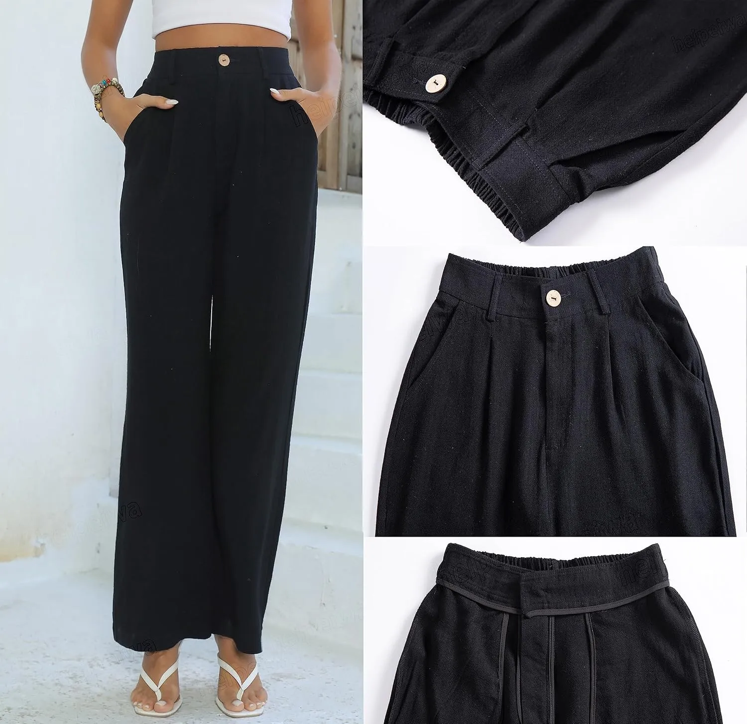 heipeiwa Women's Linen Casual High Waist Wide Leg Straight Dress Cotton Linen Pants Button Trousers