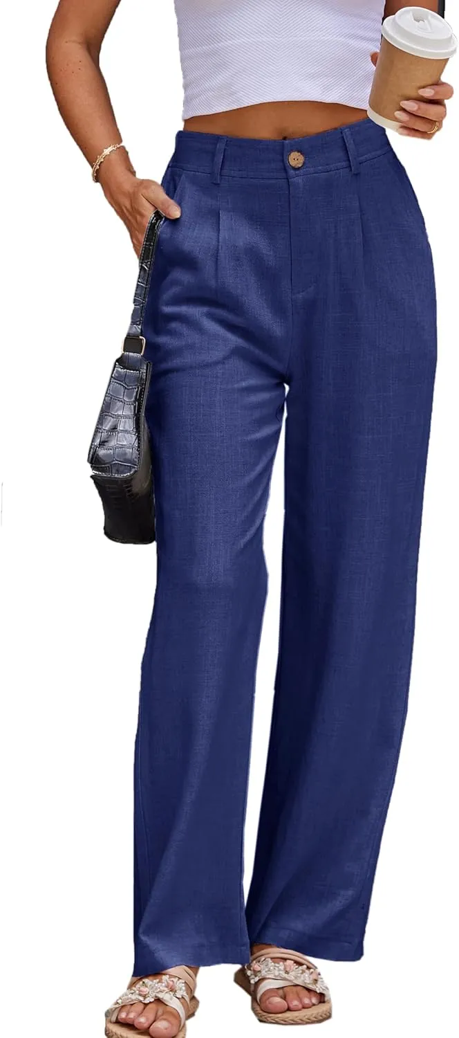 heipeiwa Women's Linen Casual High Waist Wide Leg Straight Dress Cotton Linen Pants Button Trousers
