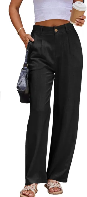 heipeiwa Women's Linen Casual High Waist Wide Leg Straight Dress Cotton Linen Pants Button Trousers