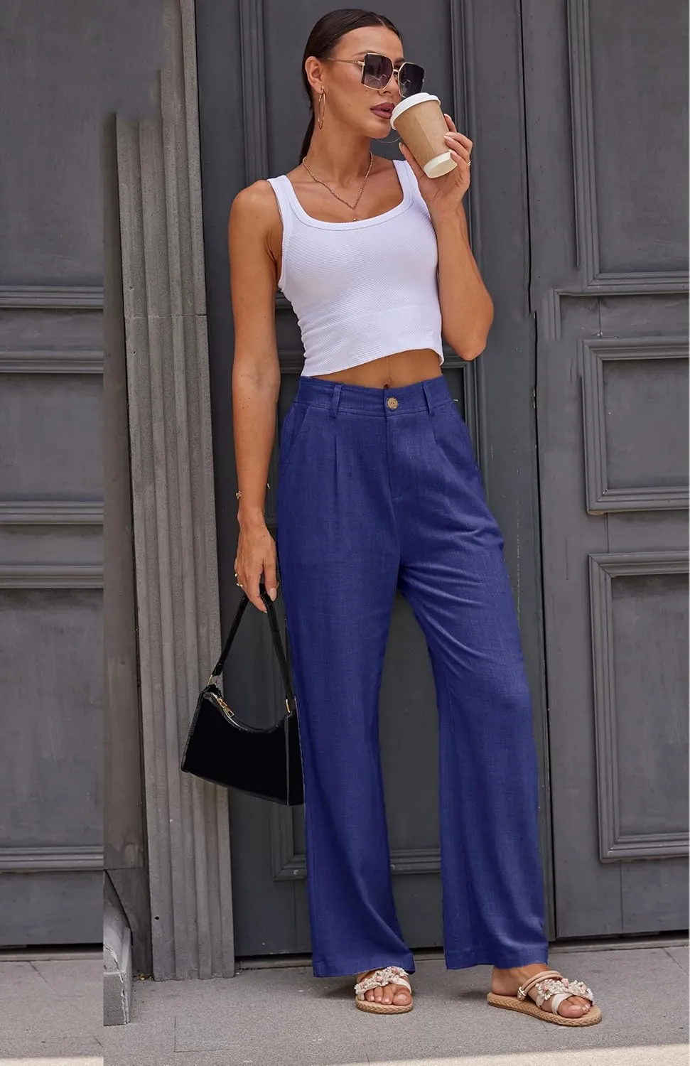 heipeiwa Women's Linen Casual High Waist Wide Leg Straight Dress Cotton Linen Pants Button Trousers