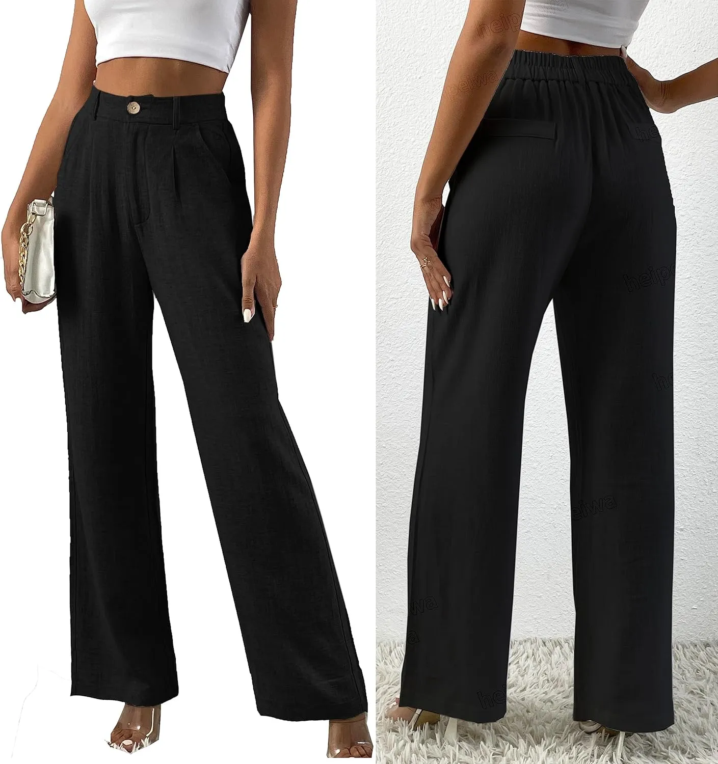heipeiwa Women's Linen Casual High Waist Wide Leg Straight Dress Cotton Linen Pants Button Trousers