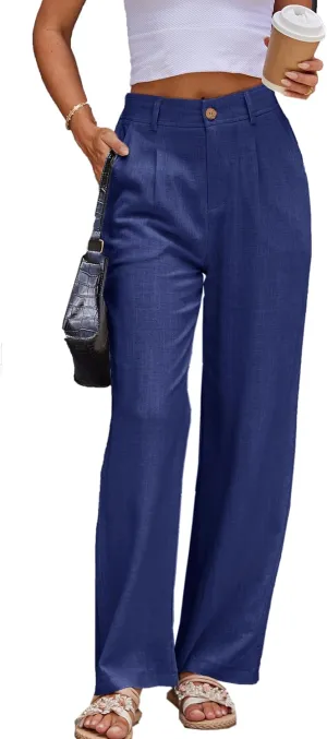 heipeiwa Women's Linen Casual High Waist Wide Leg Straight Dress Cotton Linen Pants Button Trousers