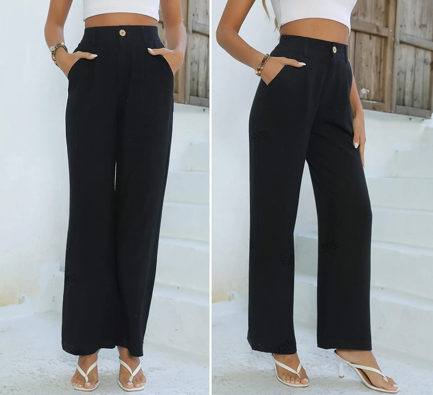 heipeiwa Women's Linen Casual High Waist Wide Leg Straight Dress Cotton Linen Pants Button Trousers